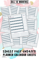 All 12 Months Single Page Undated Planner Calendar Sheets